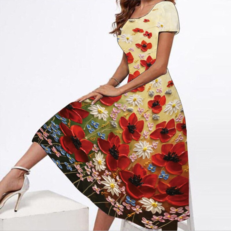 Spring Summer White Dresses Women Party Elegant Slim Short Sleeves Floral Print Long Dress Casual Vestidos Beach Dress