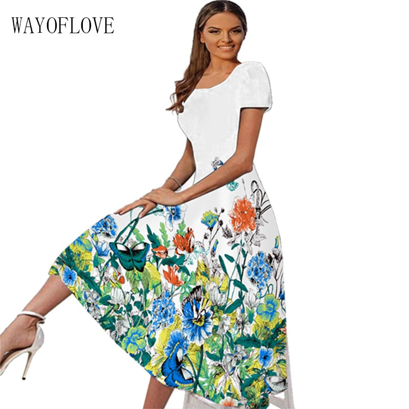 Spring Summer White Dresses Women Party Elegant Slim Short Sleeves Floral Print Long Dress Casual Vestidos Beach Dress