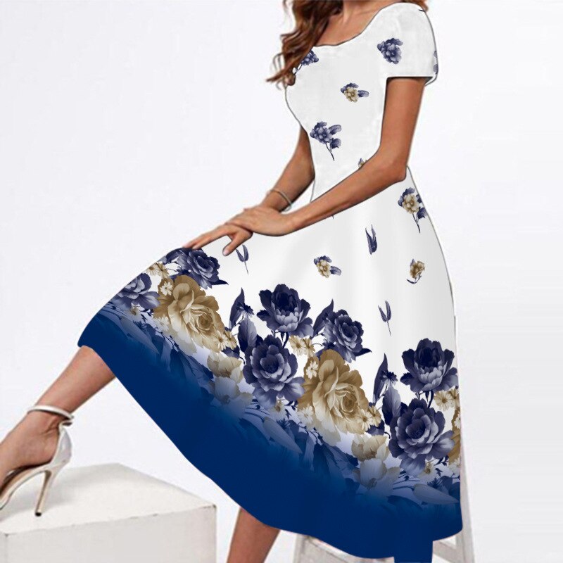 Spring Summer White Dresses Women Party Elegant Slim Short Sleeves Floral Print Long Dress Casual Vestidos Beach Dress