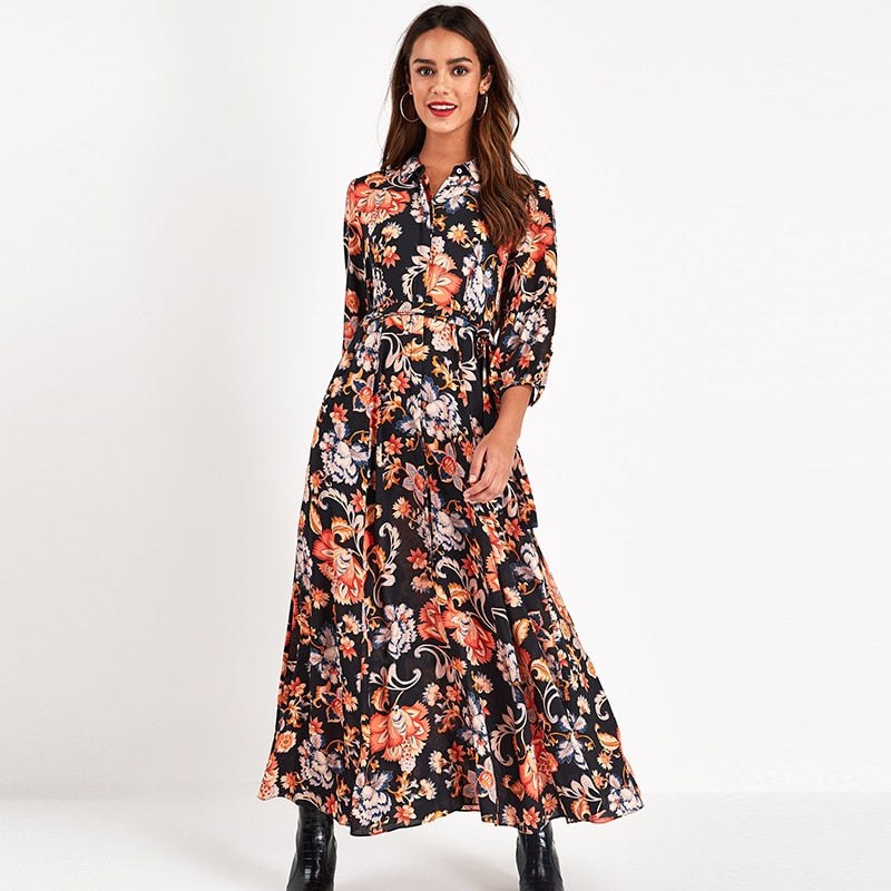 Vintage Floral Print Maxi Dress Women Boho Three Quarter Sleeve Long Dress Turn Down Collar Casual Shirt Dresses Robe