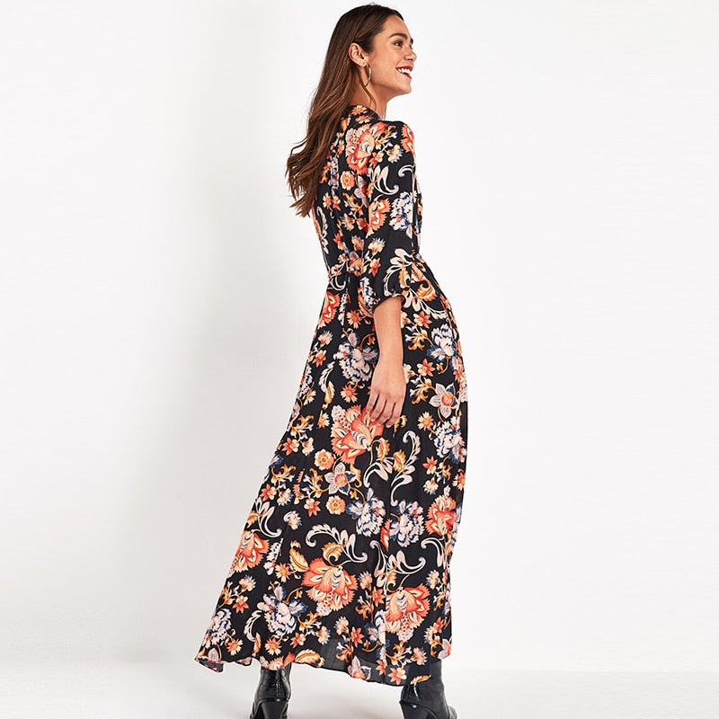 Vintage Floral Print Maxi Dress Women Boho Three Quarter Sleeve Long Dress Turn Down Collar Casual Shirt Dresses Robe