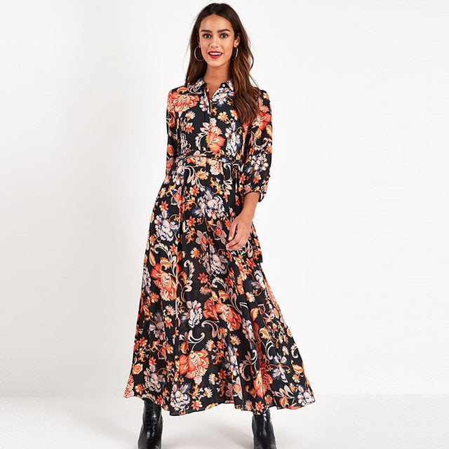 Vintage Floral Print Maxi Dress Women Boho Three Quarter Sleeve Long Dress Turn Down Collar Casual Shirt Dresses Robe