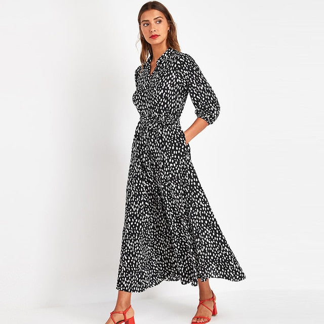 Vintage Floral Print Maxi Dress Women Boho Three Quarter Sleeve Long Dress Turn Down Collar Casual Shirt Dresses Robe