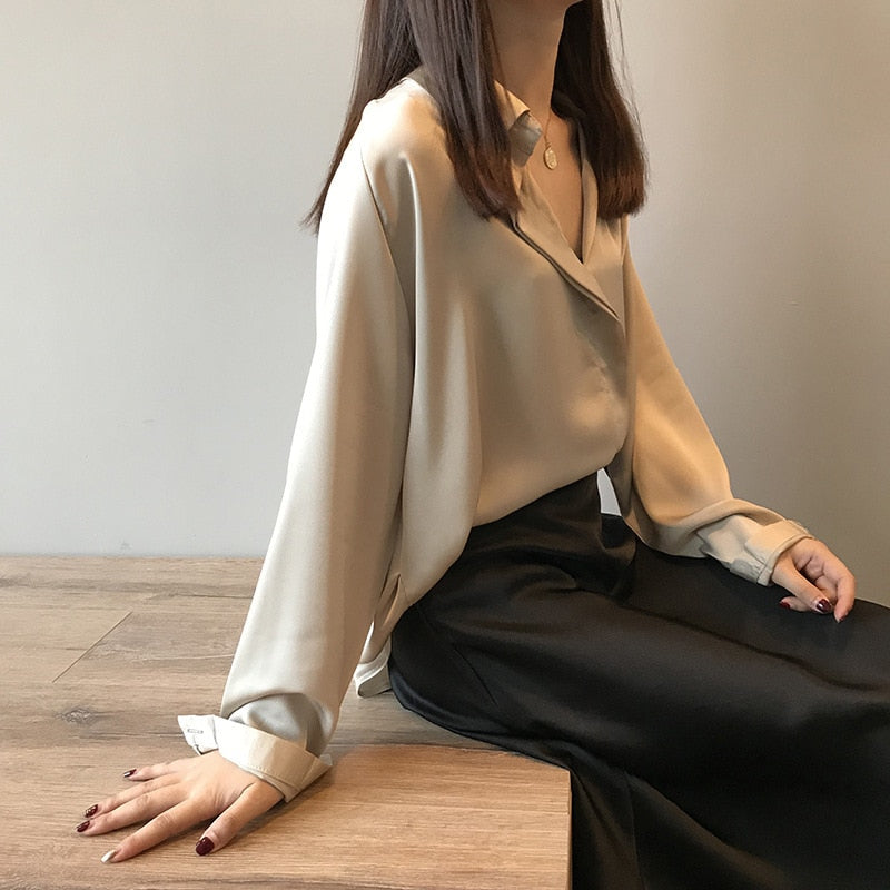 Spring Women Fashion Long Sleeves Satin Blouse Vintage Femme V Neck Street Shirts Elegant Imitation Silk Blouse
