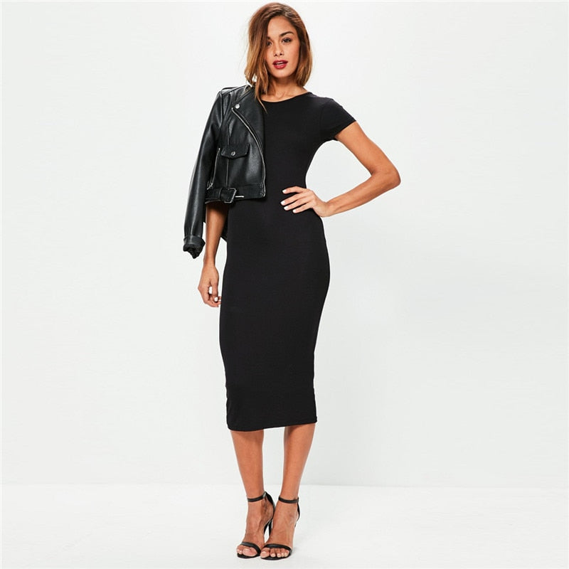 Cotton Long Spring Dress Fashion Solid O-Neck Short Sleeve Office Lady Summer Dress Plus Size Casual Pencil Vestidos Party Robe