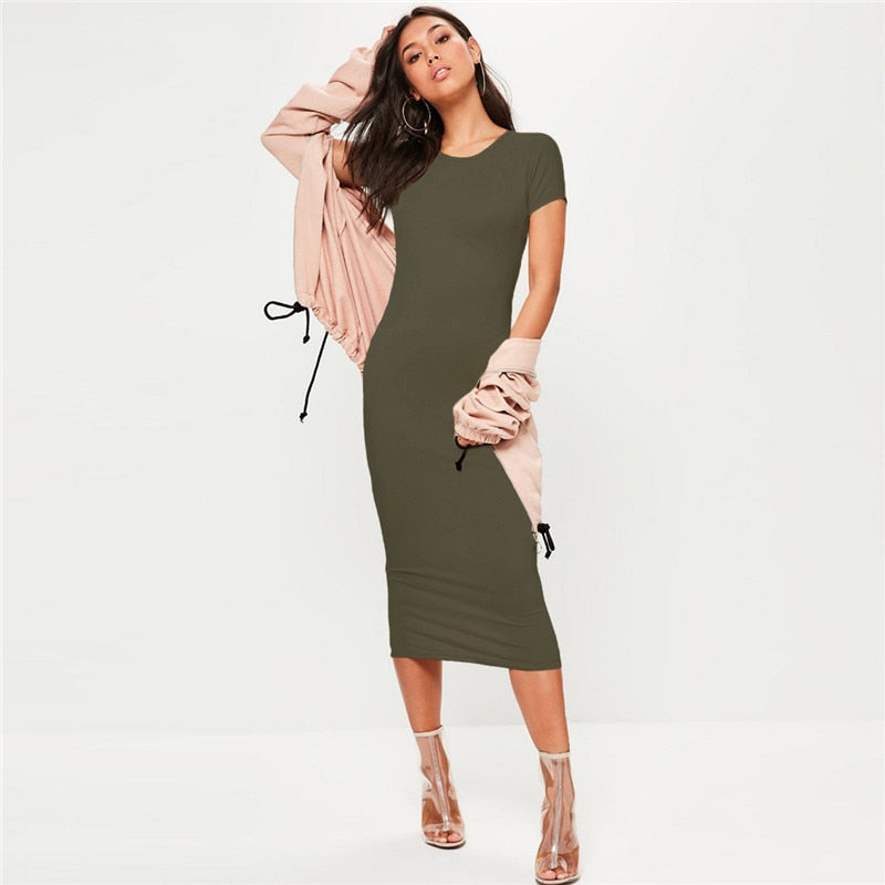 Cotton Long Spring Dress Fashion Solid O-Neck Short Sleeve Office Lady Summer Dress Plus Size Casual Pencil Vestidos Party Robe