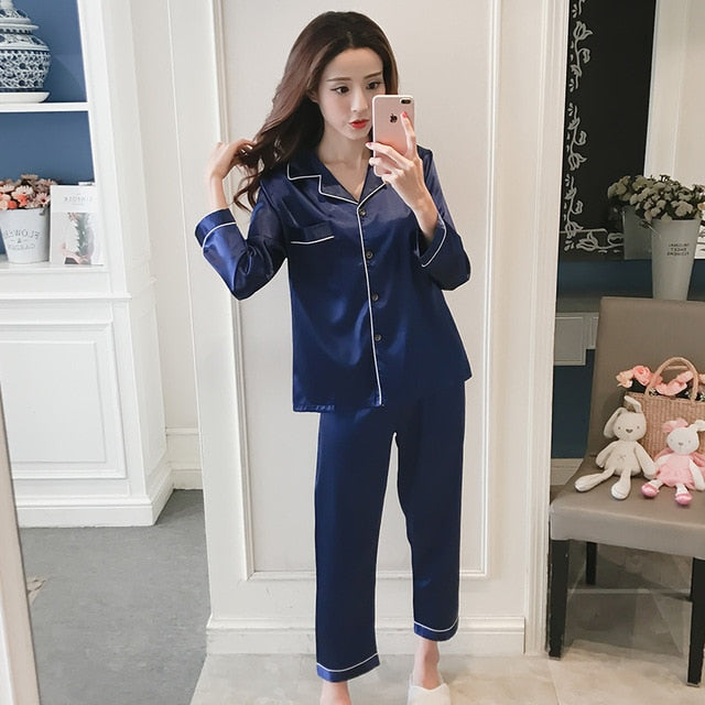 Women Faux Silk Pajama Sets Satin Pyjama Sleepwear Long/Short Sleeve Large Size Fashion Pajamas for Girl Nightwear