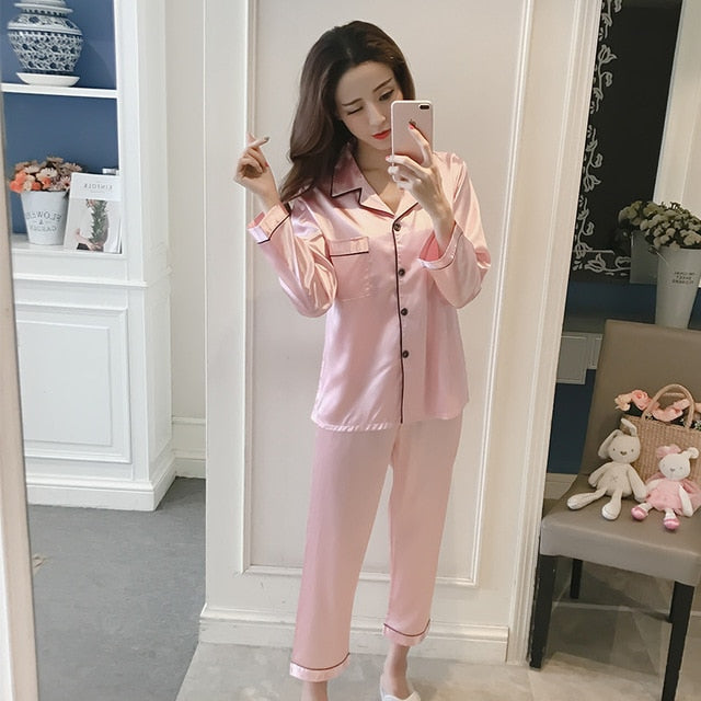 Women Faux Silk Pajama Sets Satin Pyjama Sleepwear Long/Short Sleeve Large Size Fashion Pajamas for Girl Nightwear