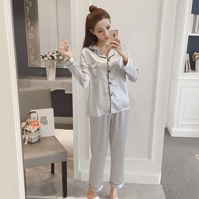 Women Faux Silk Pajama Sets Satin Pyjama Sleepwear Long/Short Sleeve Large Size Fashion Pajamas for Girl Nightwear