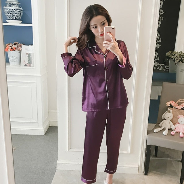 Women Faux Silk Pajama Sets Satin Pyjama Sleepwear Long/Short Sleeve Large Size Fashion Pajamas for Girl Nightwear