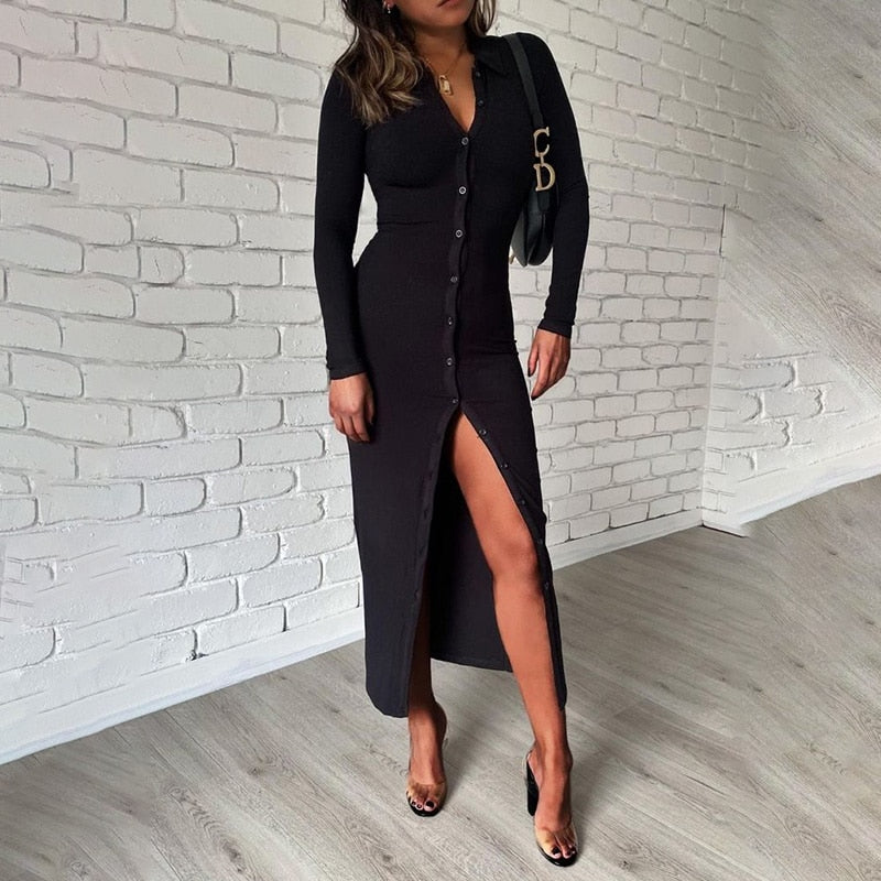 WannaThis Long Sleeve Party Dresses Women Button Knitted Ankle-Length V-Neck Skinny Autumn Sexy Dresses Women Cotton Split Hem