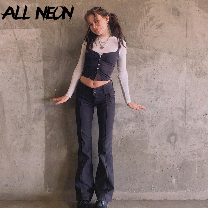 Indie Aesthetics Slim Low Waist Flare Pants E-girl Vintage Pockets Solid Y2K Pants Autumn 90s Fashion Black Trousers