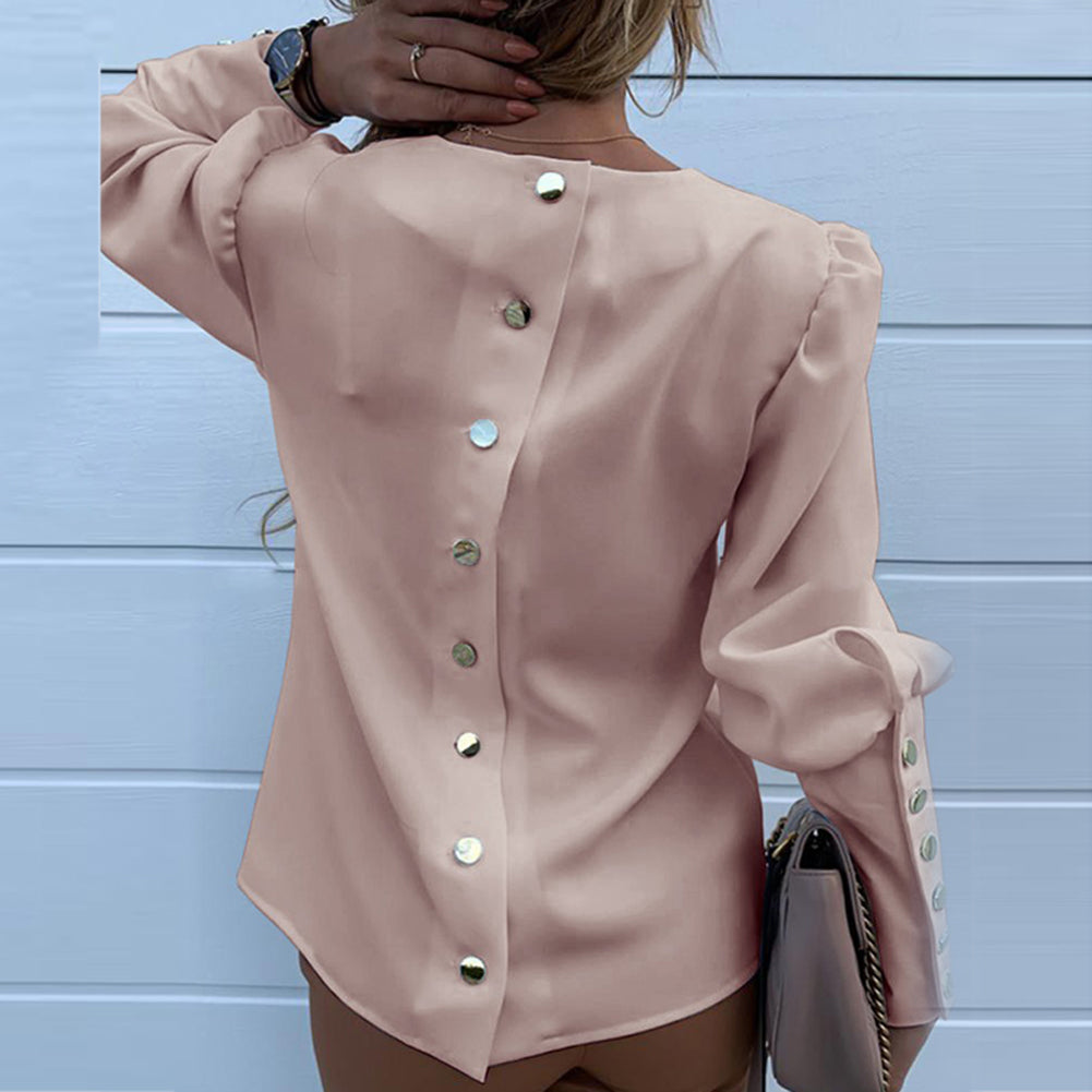 Work Wear Women Blouses Long Sleeve Back Metal Buttons Shirt Casual O Neck Printed Plus Size Tops Fall Blouse Drop Shipping