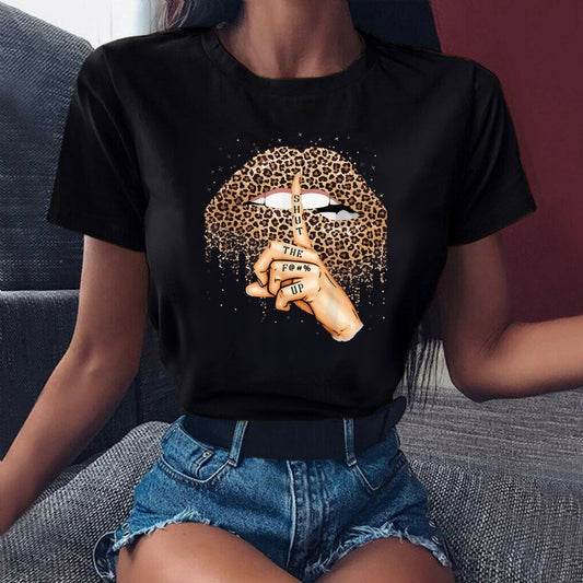 Summer Fashion Shirt Lips Leopard Graphic T Shirt Women Tops Base O-neckBlack Tees Kiss Leopard Lip Funny Girls Tshirt