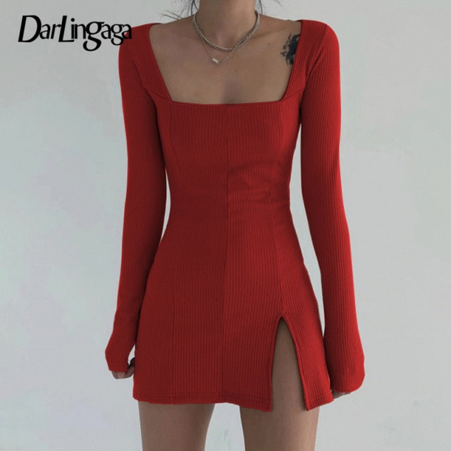 Elegant Square Neck Ribbed Black Dress Female Knitted Side Split Bodycon Dress Long Sleeve Fashion Mini Dresses Basic