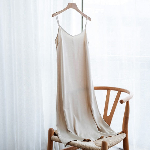 Fashion High Quality Women's Dress Summer Spaghetti Satin Long Woman Dress Very Soft Smooth Plus Size S-4XL