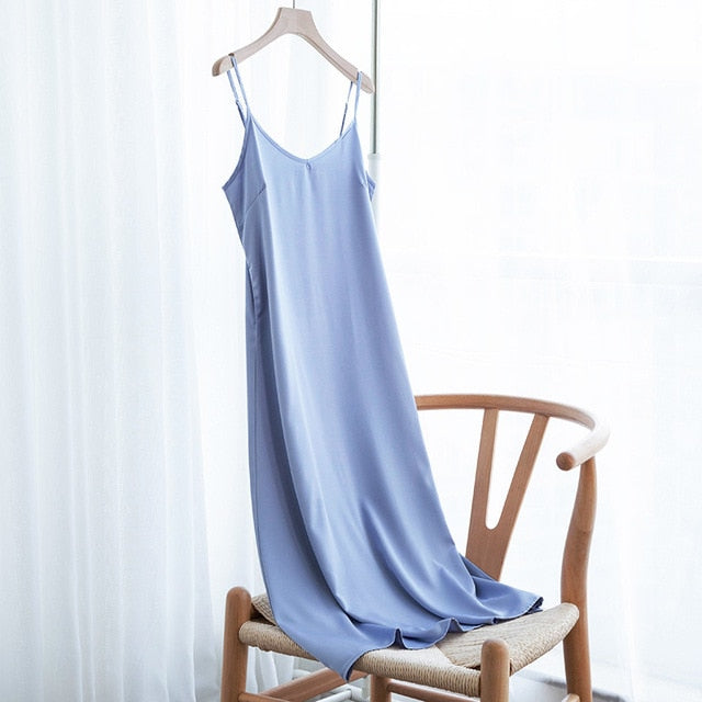 Fashion High Quality Women's Dress Summer Spaghetti Satin Long Woman Dress Very Soft Smooth Plus Size S-4XL