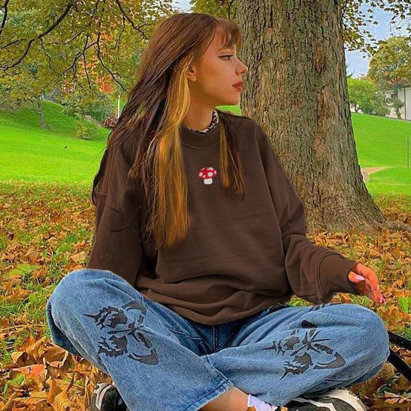 Sweatshirts Streetwear 2021 new Fashion Embroidery mushroom Indie Aesthetic 90s Long Sleeve Hoodies Graphic Crewneck clothes