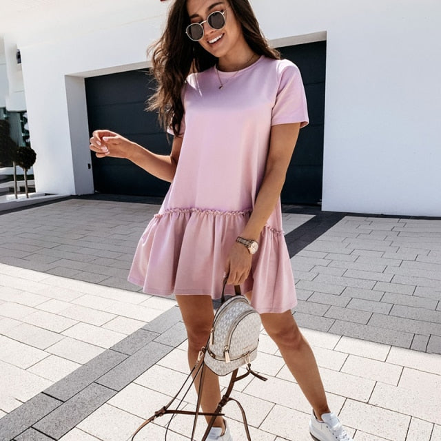 Loose Casual Short Sleeve Mini Dress Women 2021 Summer O-neck White Black Ruffles Big Hem Beach Dresses For Woman Femme Robe