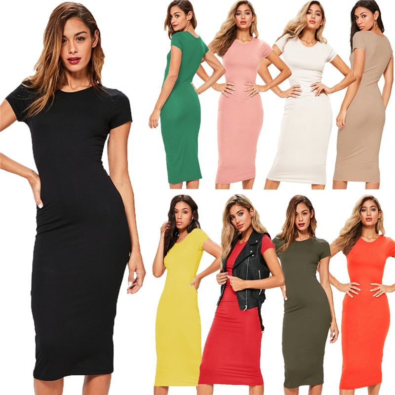 Cotton Long Spring Dress Fashion Solid O-Neck Short Sleeve Office Lady Summer Dress Plus Size Casual Pencil Vestidos Party Robe