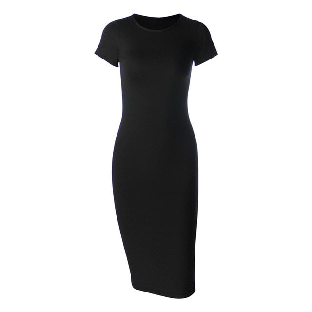 Cotton Long Spring Dress Fashion Solid O-Neck Short Sleeve Office Lady Summer Dress Plus Size Casual Pencil Vestidos Party Robe