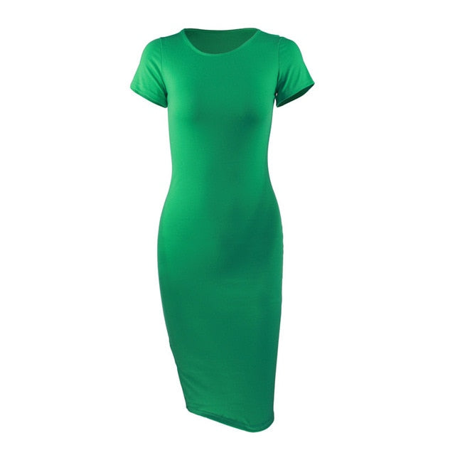 Cotton Long Spring Dress Fashion Solid O-Neck Short Sleeve Office Lady Summer Dress Plus Size Casual Pencil Vestidos Party Robe