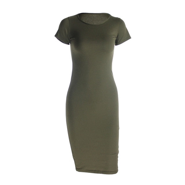 Cotton Long Spring Dress Fashion Solid O-Neck Short Sleeve Office Lady Summer Dress Plus Size Casual Pencil Vestidos Party Robe