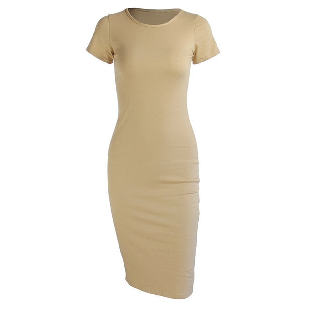Cotton Long Spring Dress Fashion Solid O-Neck Short Sleeve Office Lady Summer Dress Plus Size Casual Pencil Vestidos Party Robe