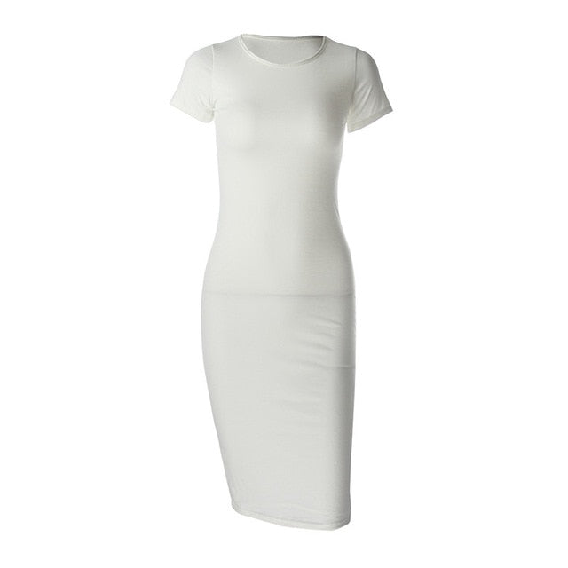Cotton Long Spring Dress Fashion Solid O-Neck Short Sleeve Office Lady Summer Dress Plus Size Casual Pencil Vestidos Party Robe