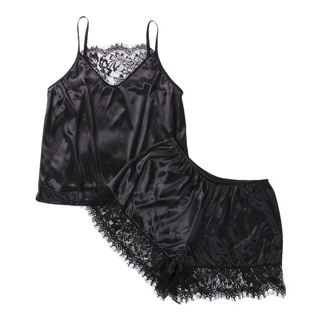 Women's Pajamas Set Sleepwear Sexy Lingerie Satin Lace Sleeveless Top Shorts Summwer Night Suit 2pcs/Set Ladies Underwear