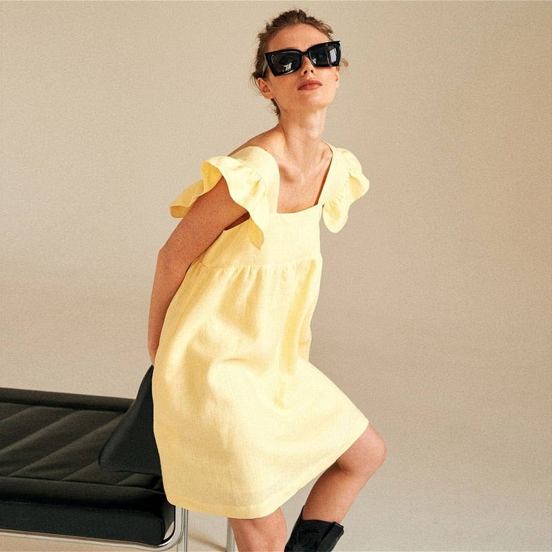 Muiches Casual Square Collar Butterfly Sleeve Mini Sweet Dress Woman Backless High Waist Loose Linen Solid Dress 2021 Summer