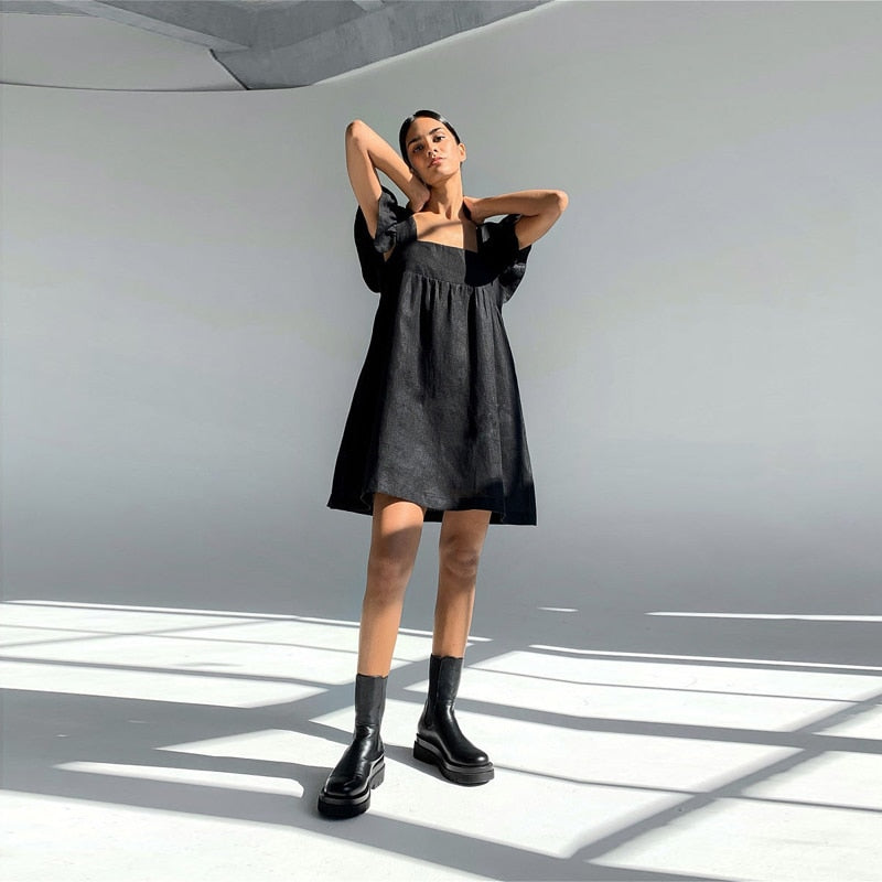 Muiches Casual Square Collar Butterfly Sleeve Mini Sweet Dress Woman Backless High Waist Loose Linen Solid Dress 2021 Summer