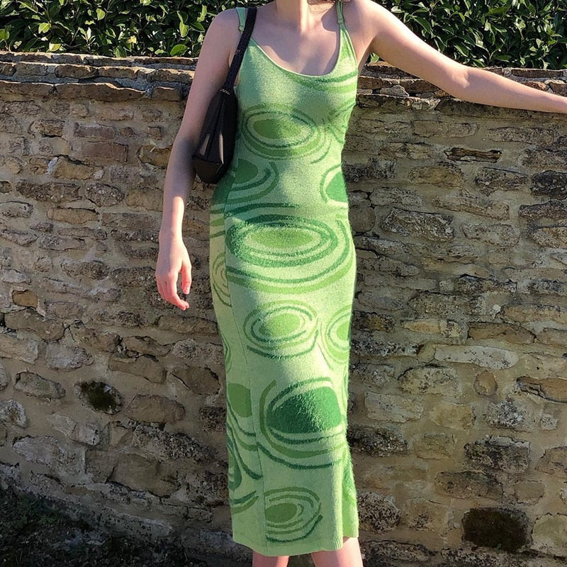 Paisley Print Knit Dress Women Green Y2K Summer Sexy Bodycon Sleeveless Spaghetti Strap Beach Party Midi Dresses 2021