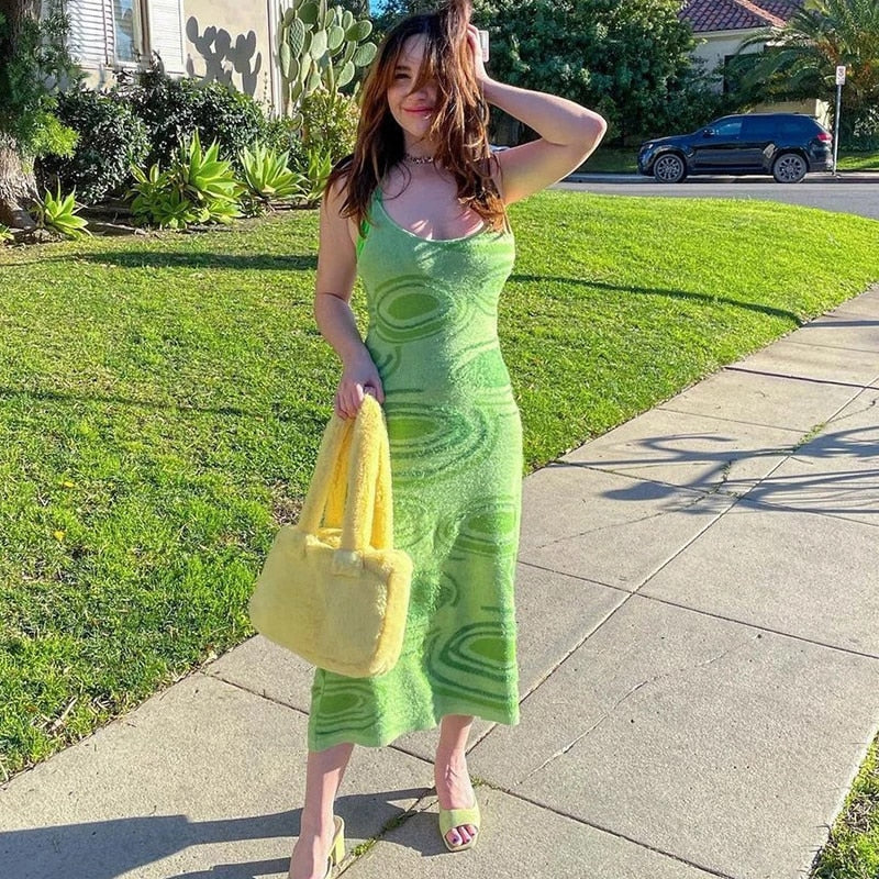 Paisley Print Knit Dress Women Green Y2K Summer Sexy Bodycon Sleeveless Spaghetti Strap Beach Party Midi Dresses 2021