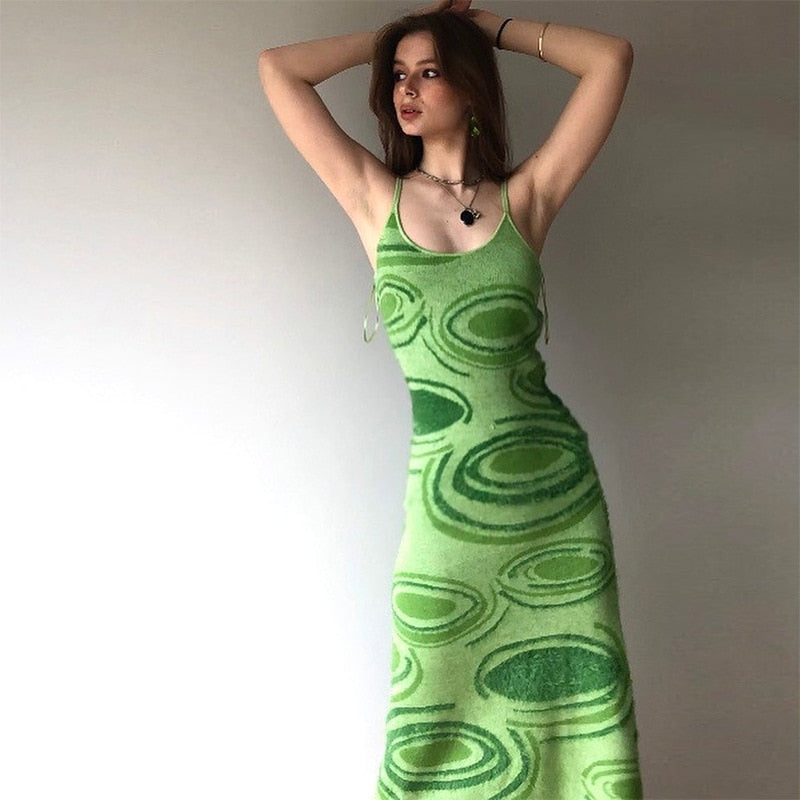 Paisley Print Knit Dress Women Green Y2K Summer Sexy Bodycon Sleeveless Spaghetti Strap Beach Party Midi Dresses 2021