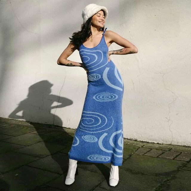 Paisley Print Knit Dress Women Green Y2K Summer Sexy Bodycon Sleeveless Spaghetti Strap Beach Party Midi Dresses 2021