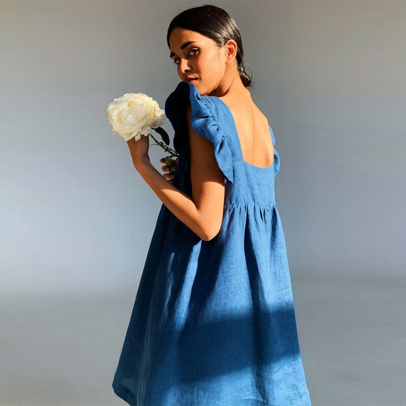 Muiches Casual Square Collar Butterfly Sleeve Mini Sweet Dress Woman Backless High Waist Loose Linen Solid Dress 2021 Summer