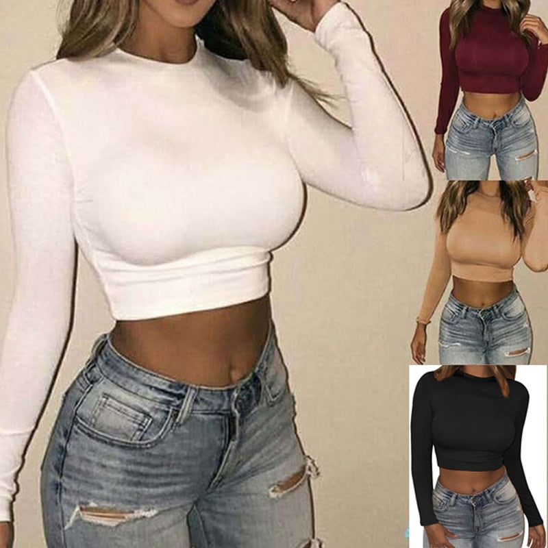 (White)Women Bodycon T-shirts Autunmn Women Long Sleeve O-neck Crop Top  Modis Sheath T-shirts Fashion Autumn Solid Tops RA