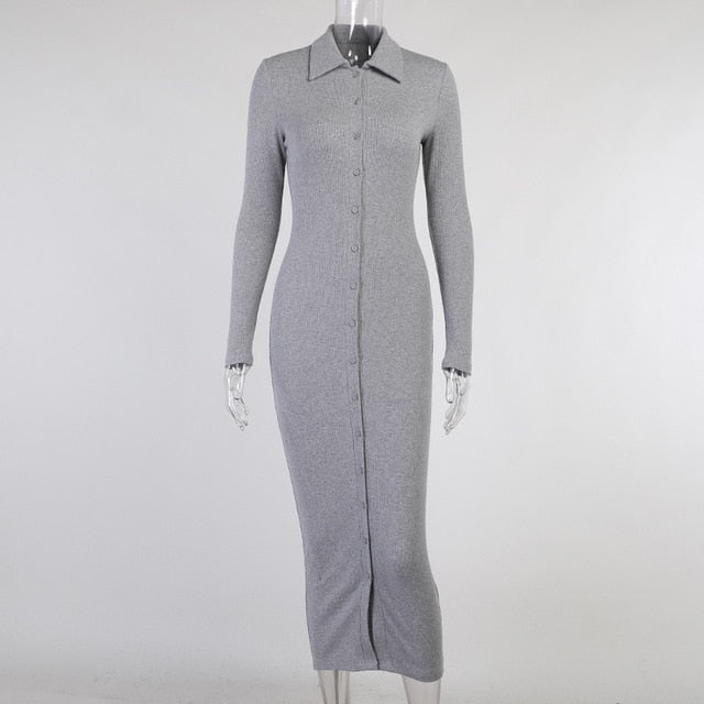 WannaThis Long Sleeve Party Dresses Women Button Knitted Ankle-Length V-Neck Skinny Autumn Sexy Dresses Women Cotton Split Hem