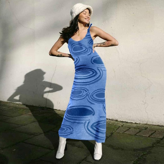 Paisley Print Knit Dress Women Green Y2K Summer Sexy Bodycon Sleeveless Spaghetti Strap Beach Party Midi Dresses 2021