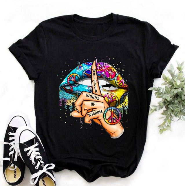Summer Fashion Shirt Lips Leopard Graphic T Shirt Women Tops Base O-neckBlack Tees Kiss Leopard Lip Funny Girls Tshirt