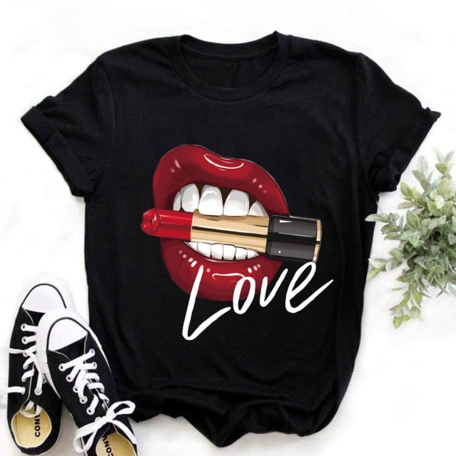 Summer Fashion Shirt Lips Leopard Graphic T Shirt Women Tops Base O-neckBlack Tees Kiss Leopard Lip Funny Girls Tshirt