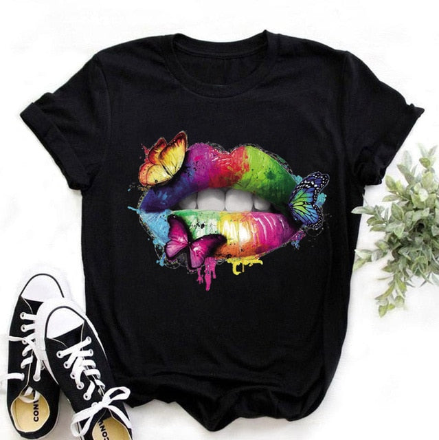 Summer Fashion Shirt Lips Leopard Graphic T Shirt Women Tops Base O-neckBlack Tees Kiss Leopard Lip Funny Girls Tshirt
