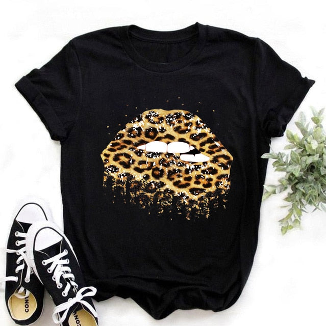 Summer Fashion Shirt Lips Leopard Graphic T Shirt Women Tops Base O-neckBlack Tees Kiss Leopard Lip Funny Girls Tshirt