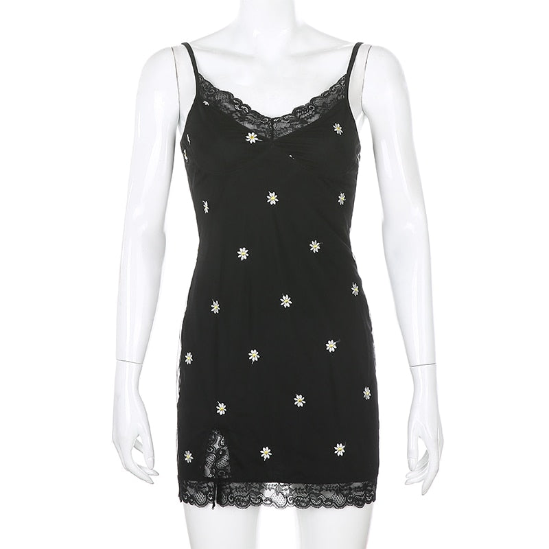 HEYounGIRL 90s Print Embroidery Lace Sexy Bodycon Dress Split Summer Mini Dresses Ladies Embroidery Sleeveless Short Dress Y2K