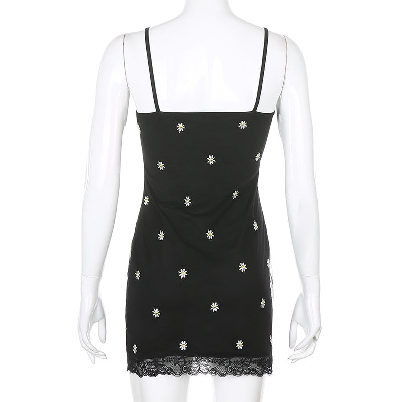 HEYounGIRL 90s Print Embroidery Lace Sexy Bodycon Dress Split Summer Mini Dresses Ladies Embroidery Sleeveless Short Dress Y2K