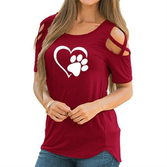 Harajuku lovely heart Tshirt Women Causal T-shirt Cotton Bear paw Tees Woman off shoulder tops Clothes Drop Shipping