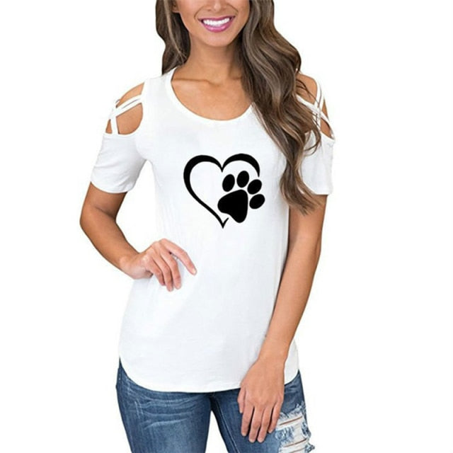 Harajuku lovely heart Tshirt Women Causal T-shirt Cotton Bear paw Tees Woman off shoulder tops Clothes Drop Shipping
