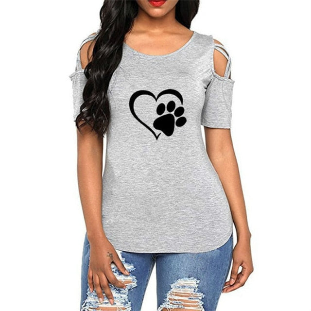 Harajuku lovely heart Tshirt Women Causal T-shirt Cotton Bear paw Tees Woman off shoulder tops Clothes Drop Shipping