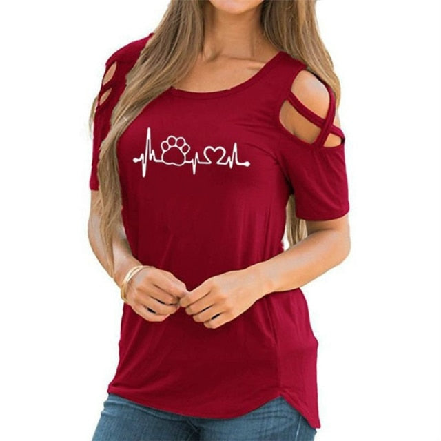 Harajuku lovely heart Tshirt Women Causal T-shirt Cotton Bear paw Tees Woman off shoulder tops Clothes Drop Shipping